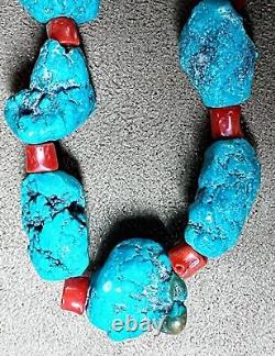 Vintage Navajo Native American Natural Nugget Turquoise & Red Coral Necklace 19