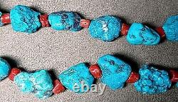 Vintage Navajo Native American Natural Nugget Turquoise & Red Coral Necklace 19