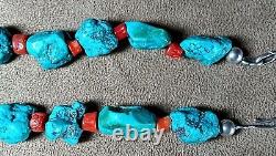 Vintage Navajo Native American Natural Nugget Turquoise & Red Coral Necklace 19