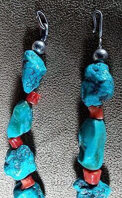 Vintage Navajo Native American Natural Nugget Turquoise & Red Coral Necklace 19