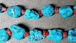 Vintage Navajo Native American Natural Nugget Turquoise & Red Coral Necklace 19