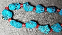 Vintage Navajo Native American Natural Nugget Turquoise & Red Coral Necklace 19