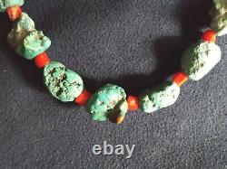 Vintage Navajo Native American Natural Nugget Turquoise & Red Coral Necklace 19