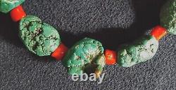 Vintage Navajo Native American Natural Nugget Turquoise & Red Coral Necklace 19