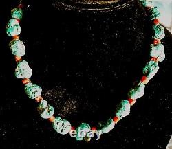 Vintage Navajo Native American Natural Nugget Turquoise & Red Coral Necklace 19