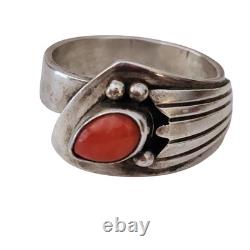 Vintage Navajo Native American R Rex Abeita Sterling Silver Coral Ring Sz 8