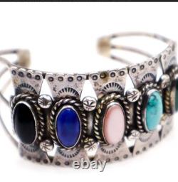 Vintage Navajo Native American Signed Silver Concho Cuff Semi-Precious Stones