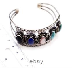 Vintage Navajo Native American Signed Silver Concho Cuff Semi-Precious Stones