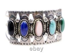 Vintage Navajo Native American Signed Silver Concho Cuff Semi-Precious Stones