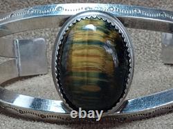 Vintage Navajo Native American Sterling Silver Tiger Eye / Nellite Cuff Bracelet