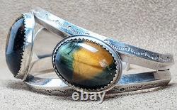 Vintage Navajo Native American Sterling Silver Tiger Eye / Nellite Cuff Bracelet