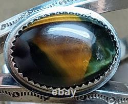 Vintage Navajo Native American Sterling Silver Tiger Eye / Nellite Cuff Bracelet