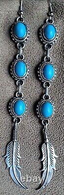 Vintage Navajo Native American Sterling Silver Turquoise 4.5l Dangle Earrings