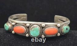 Vintage Navajo Native American Sterling Silver Turquoise & Red Coral Bracelet