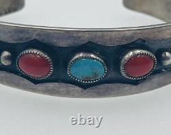Vintage Navajo Native American Sterling Silver Turquoise & Red Coral Bracelet