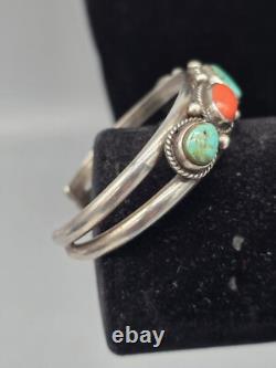 Vintage Navajo Native American Sterling Silver Turquoise & Red Coral Bracelet