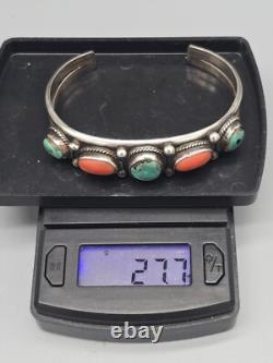 Vintage Navajo Native American Sterling Silver Turquoise & Red Coral Bracelet
