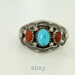 Vintage Navajo Native American Turquoise Coral 3 Stone Men's Band Ring Size 12