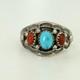 Vintage Navajo Native American Turquoise Coral 3 Stone Men's Band Ring Size 12