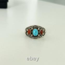 Vintage Navajo Native American Turquoise Coral 3 Stone Men's Band Ring Size 12
