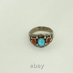 Vintage Navajo Native American Turquoise Coral 3 Stone Men's Band Ring Size 12