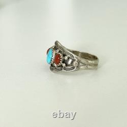 Vintage Navajo Native American Turquoise Coral 3 Stone Men's Band Ring Size 12