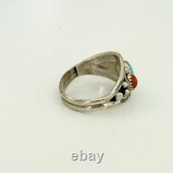 Vintage Navajo Native American Turquoise Coral 3 Stone Men's Band Ring Size 12
