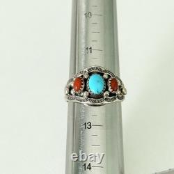 Vintage Navajo Native American Turquoise Coral 3 Stone Men's Band Ring Size 12