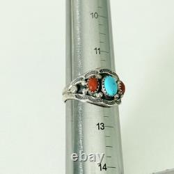 Vintage Navajo Native American Turquoise Coral 3 Stone Men's Band Ring Size 12