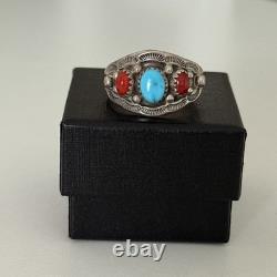 Vintage Navajo Native American Turquoise Coral 3 Stone Men's Band Ring Size 12