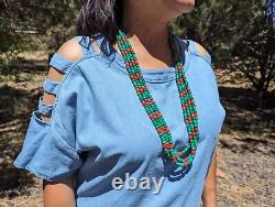 Vintage Navajo Necklace Green Carico Lake Turquoise Red Coral Beads NA Jewelry