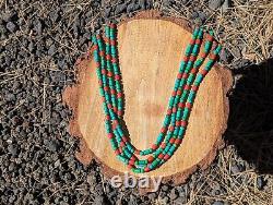 Vintage Navajo Necklace Green Carico Lake Turquoise Red Coral Beads NA Jewelry