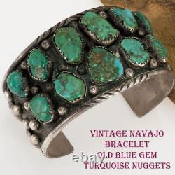 Vintage Navajo OLD BLUE GEM Turquoise Bracelet Sterling Silver Old Pawn Cuff LG