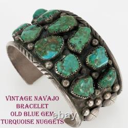 Vintage Navajo OLD BLUE GEM Turquoise Bracelet Sterling Silver Old Pawn Cuff LG