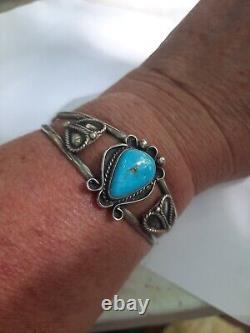 Vintage Navajo Old Pawn Sterling Silver Turquoise Cuff Bracelet, baby blue turq