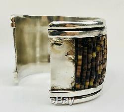 Vintage Navajo Pawn Sterling Silver Heishi Shell Turquoise Wide Cuff Bracelet