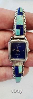 Vintage Navajo Quartz Watch Turquoise Lapis Inlay Sterling Silver 28.6g