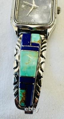 Vintage Navajo Quartz Watch Turquoise Lapis Inlay Sterling Silver 28.6g
