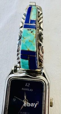 Vintage Navajo Quartz Watch Turquoise Lapis Inlay Sterling Silver 28.6g