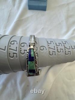 Vintage Navajo Quartz Watch Turquoise Lapis Inlay Sterling Silver 28.6g