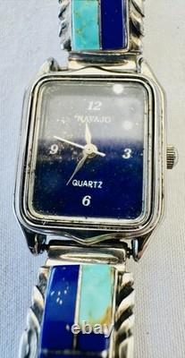 Vintage Navajo Quartz Watch Turquoise Lapis Inlay Sterling Silver 28.6g