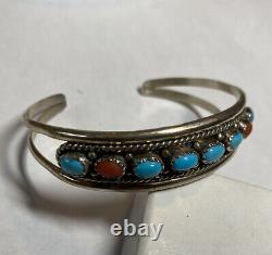 Vintage Navajo RMJ Sterling Silver TURQUOISE CORAL CUFF BRACELET Robert Johnson