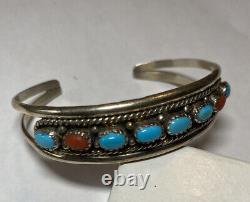 Vintage Navajo RMJ Sterling Silver TURQUOISE CORAL CUFF BRACELET Robert Johnson