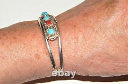 Vintage Navajo RMJ Sterling Silver TURQUOISE CORAL CUFF BRACELET Robert Johnson