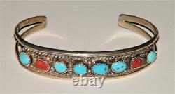 Vintage Navajo RMJ Sterling Silver TURQUOISE CORAL CUFF BRACELET Robert Johnson