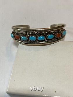 Vintage Navajo RMJ Sterling Silver TURQUOISE CORAL CUFF BRACELET Robert Johnson