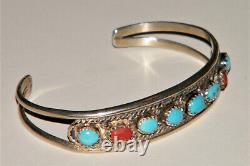 Vintage Navajo RMJ Sterling Silver TURQUOISE CORAL CUFF BRACELET Robert Johnson