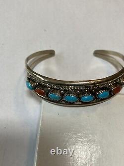 Vintage Navajo RMJ Sterling Silver TURQUOISE CORAL CUFF BRACELET Robert Johnson