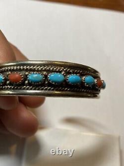 Vintage Navajo RMJ Sterling Silver TURQUOISE CORAL CUFF BRACELET Robert Johnson