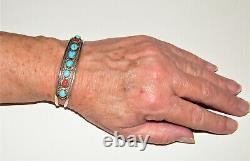 Vintage Navajo RMJ Sterling Silver TURQUOISE CORAL CUFF BRACELET Robert Johnson